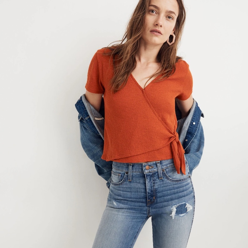 Madewell Spiced Cinnamon Texture & Thread Wrap Tie Crop Top. Size S - Picture 11 of 15